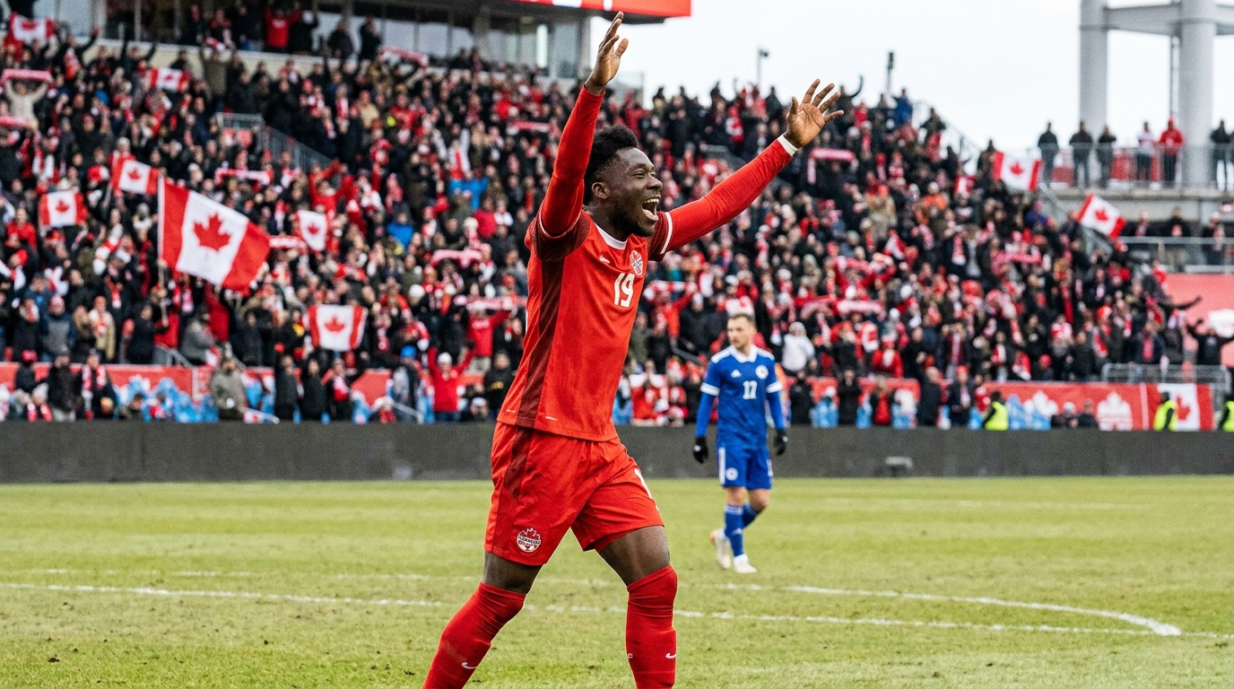 Un jugador de Canadá celebra un gol en el BMO Field de Toronto durante el Mundial 2026.