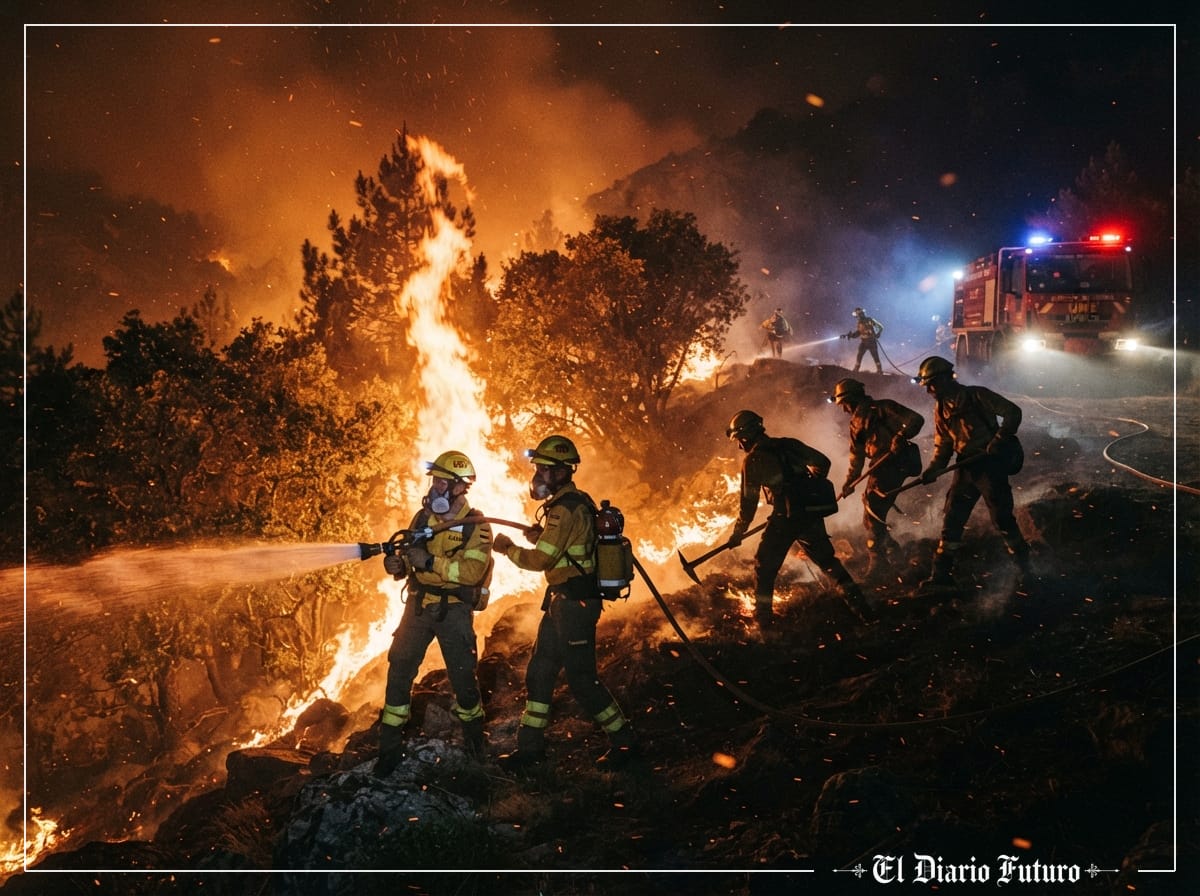 Brigadas forestales trabajan de noche frente a un gran incendio en una ladera de pinar.