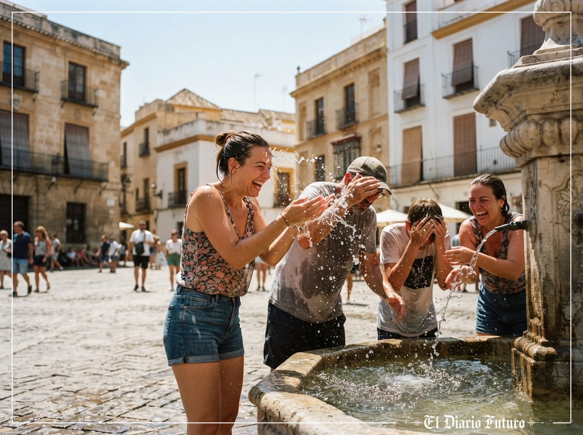 Personas se refrescan en una fuente de una ciudad del sur de España bajo un sol intenso.