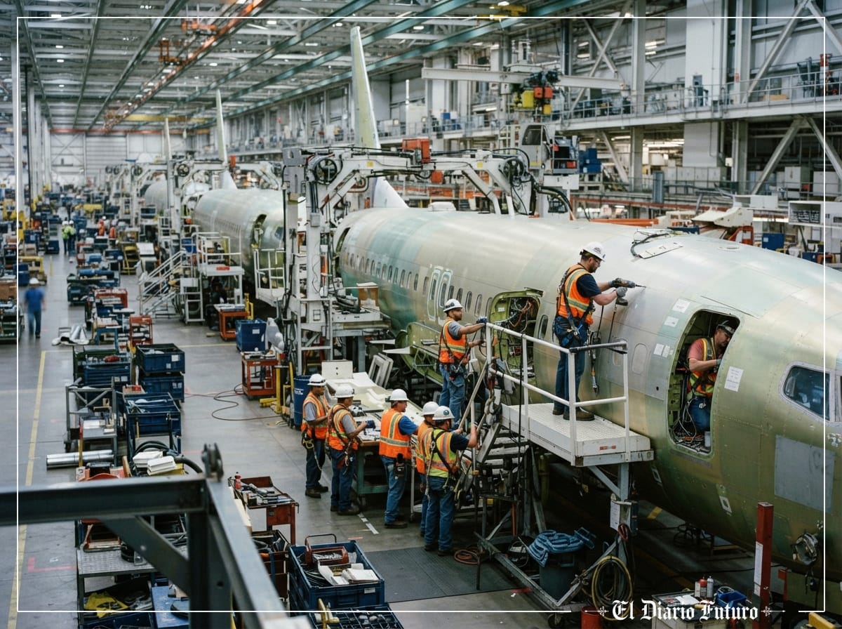 Fuselajes de aviones comerciales en una línea de montaje industrial.
