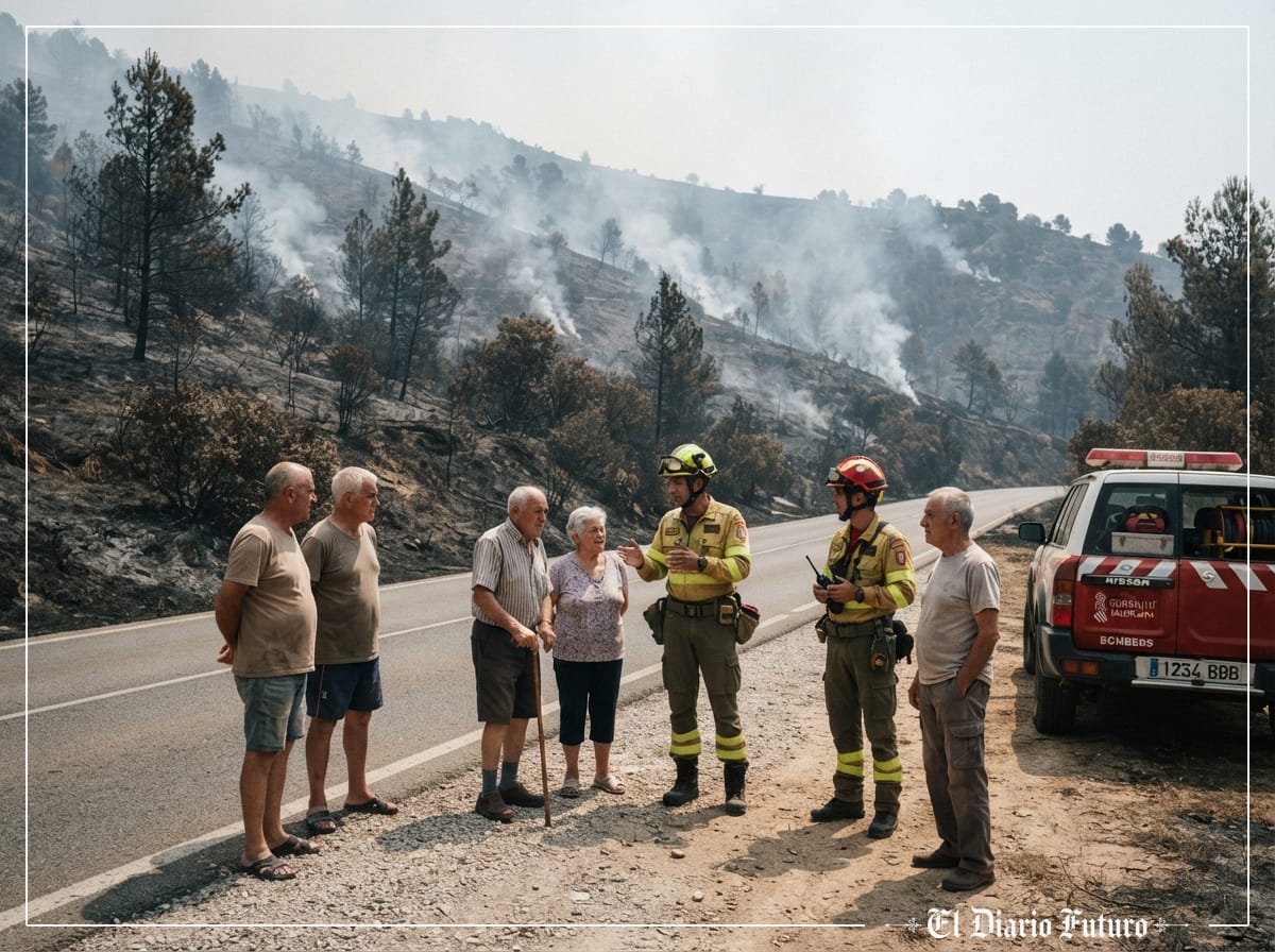 Vecinos y bomberos junto a laderas quemadas en una comarca del interior de Castellón.