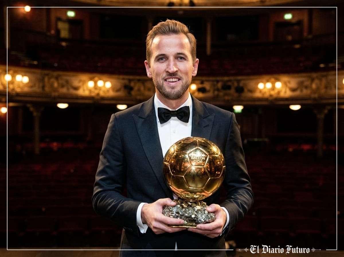 Harry Kane sostiene el Balón de Oro sobre el escenario del London Palladium
