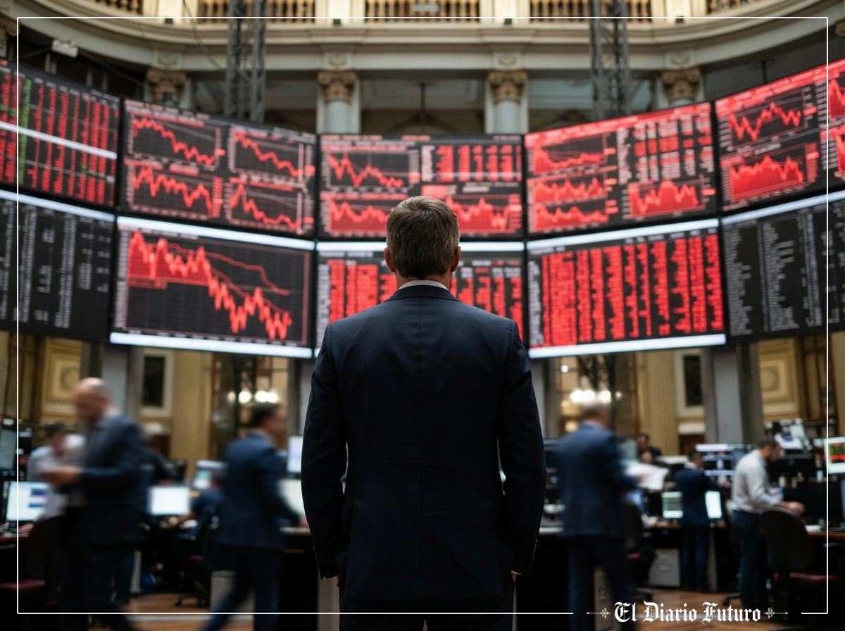 Panel de cotizaciones en la Bolsa de Madrid con valores en rojo